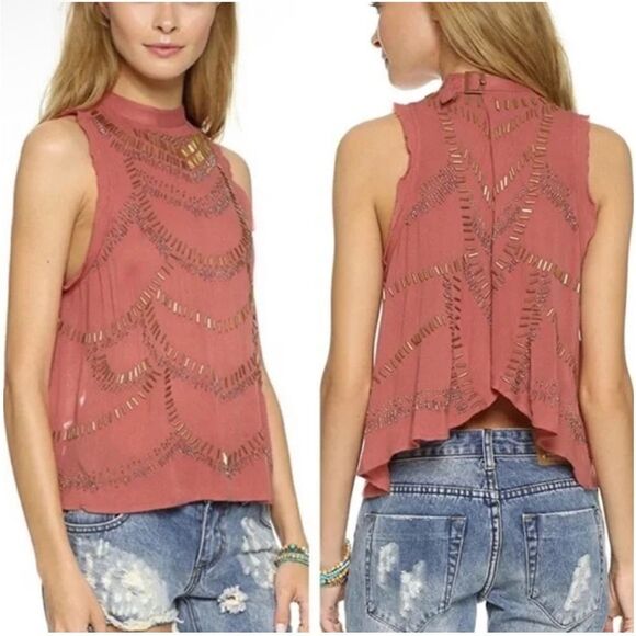 Free People Ferris Wheel Open Back Top Beaded Sequin Embellished Blouse Sz Small - Picture 1 of 10